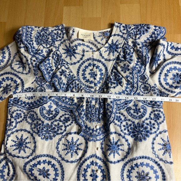 Sezane South Blouse in Ecru Blue Eyelet Embroidered Ruffle Linen Blend - Picture 12 of 13